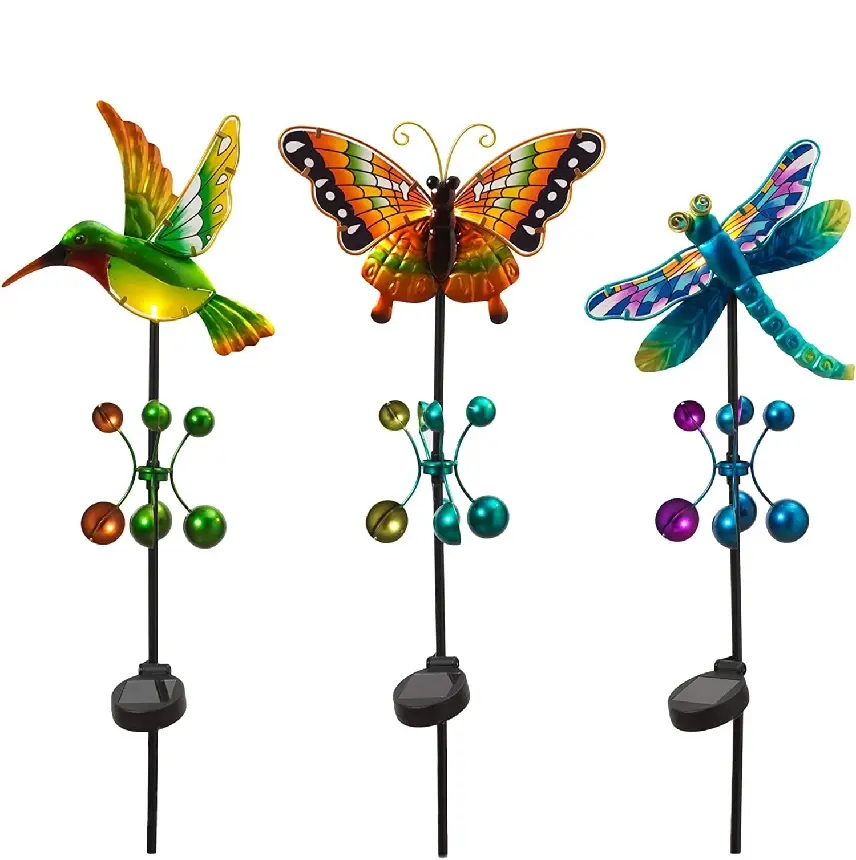 Металлические освещенные садовые колья для друзей, ветряные блесны с солнечными лампами-Колибри, бабочка и стрекоза