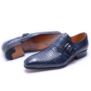 รองเท้าหนังผู้ชายแบบสวม ยอดนิยม ลายพิมพ์ สายรัดแบบ Monk Strap หัวเข็มขัด เหมาะสำหรับงานแต่งงาน งานออฟฟิศ ธุรกิจ สีดำ สีน้ำเงิน - Product Image 5