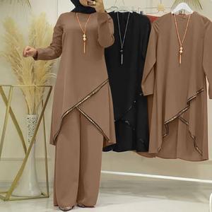 Conjunto de Ropa Islámica Árabe al por Mayor de 2 Piezas para <span class=keywords><strong>Mujer</strong></span>, Conjunto de Abaya Musulmana, Top Islámico con Cuello Redondo y <span class=keywords><strong>Pantalones</strong></span> - Product Image 3