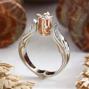Anillo de Oro Rosa de Dos Tonos con Circonita Cúbica, Forma de Flor, Engaste Pavé, Joyería para Fiesta y Boda, para Mujer - Product Image 1