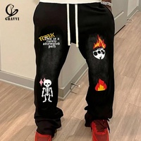 Pantalon de survêtement unisexe en molleton bouclette graphique streetwear personnalisé, délavé à l'acide, orné de perles, coupe ample, poids moyen, avec cordon de serrage, motif flamme