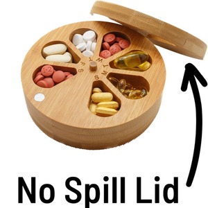 Pastillero portátil de madera con siete compartimentos, dispensador de medicamentos giratorio para uso diario - Product Image 2