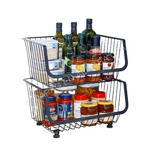 3-Tier Metal Wire Basket Stand Fruit and Vegetable Storage Stackable Basket Rolling Cart Utility Trolly for Kitchen Home
