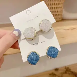 S925 Square Cracked Resin Earrings French Style Simple And Stylish Earrings Elegant High Sense Metal Earrings Women