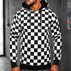 Sudadera con capucha a cuadros blancos y negros para hombre, de manga larga, estilo urbano. - Product Image 3