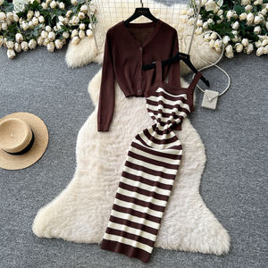 レディース2ピース秋ドレスストライプニットスリップ長袖カーディガンセット2ピースセットレディース - Product Image 4