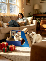 Griffoir multifonctionnel pour chat en carton, lit pour chat et griffoir avec jouet à bille métallique pour Noël