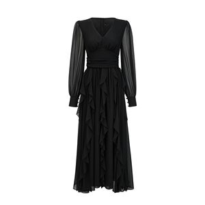 <strong>Red</strong> <strong>Black</strong> Long Evening Dress 2025 Autumn Fashion Women Sexy V-Neck Ruffle Floral Patchwork Long Sleeve Maxi Dress Special Events - Product Image 3