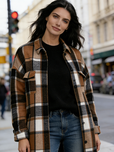 Chaqueta Larga a Cuadros de Mezcla de Lana para Mujer - Estilo Retro Americano, Oversize, Largo hasta la Rodilla, con Botones y Bolsillos Delanteros Dobles - Product Image 3