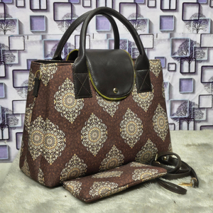 Traditional Rajasthani <b>Ornamental</b> Diamond Medallions Digital-Print Canvas Handbag with Matching Cosmetic Pouch - Product Image 1