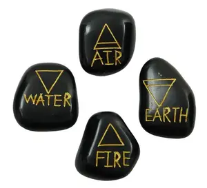 Groothandel Zwarte Obsidiaan Natuurlijke Chakra Set Van 4 Getrommelde Stenen Elementair Symbool Spirituele Reiki Helende Meditatie Kristallen