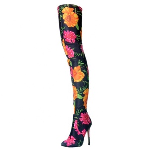 Colorful Floral Women Thigh <b>High</b> Boots Stretch Upper Pull on Ladies Over <b>Knee</b> Boots Stiletto Long Pumps Shoes Size 47 - Product Image 1