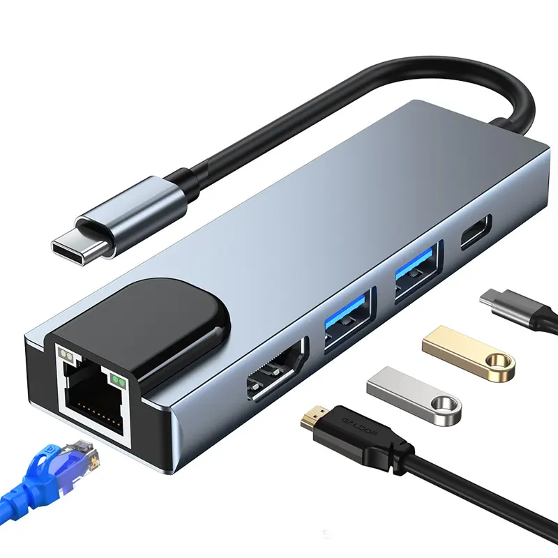 5 in1 USBCハブ5Gbps転送速度アルミニウム合金USB-CマルチポートアダプターUSB3.0ポートHDMI4K