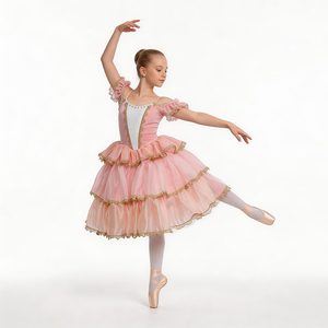 Vestido de Ballet Romántico Rosa para Niñas, Disfraz de Danza con Hombros Descubiertos, Falda con Volantes y Pedrería para Coppelia y El Cascanueces - Product Image 1