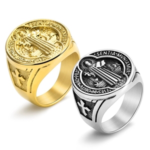 Anillo de exorcismo de San Benito para hombres y <span class=keywords><strong>mujeres</strong></span>, acero inoxidable, oro, plata, Cruz católica, anillo de protección, anillo de cazador de fantasmas - Product Image 1