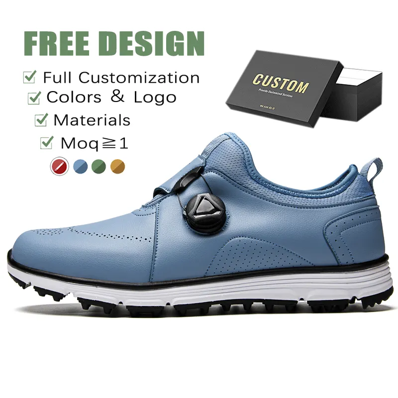 OEM Anti Slip Sole Professional Training Classic Spikes Water Proof Leather Golf Shoes Customize Men Blue Golf Shoes