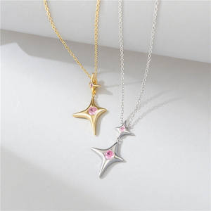 Collar con colgante de estrella de cuatro puntas de circonita rosa tallada redonda en plata de ley S925 y oro de 14k, versión de cobre personalizable para mujer - Product Image 3