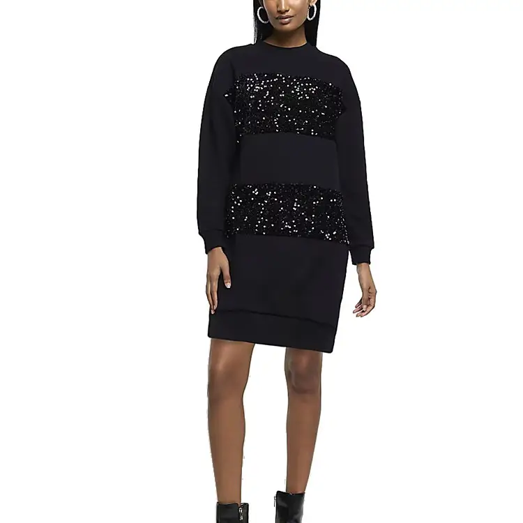custom fashion non hood women sweatshirt dress knitted trendy Black Sequin Crew neck Sweatshirt Mini Dress