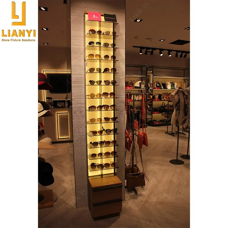 Luxury Brand Store Wooden Glass Tower Cabinet Sunglasses Display Shelves For Glasses Store