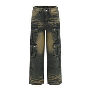 Ingrosso Washed <span class=keywords><strong>Old</strong></span>-pocket in poliestere <span class=keywords><strong>Denim</strong></span> pieghe moda Street Wear drappeggio larghi pantaloni dritti da uomo - Product Image 6