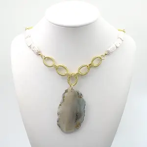 CH-LHN0435 Wholesale Natural Stone Agate Pearl Necklace Popular Agate Stone Charm 18 inch Fine Chain Stone Charm Pearl Necklace