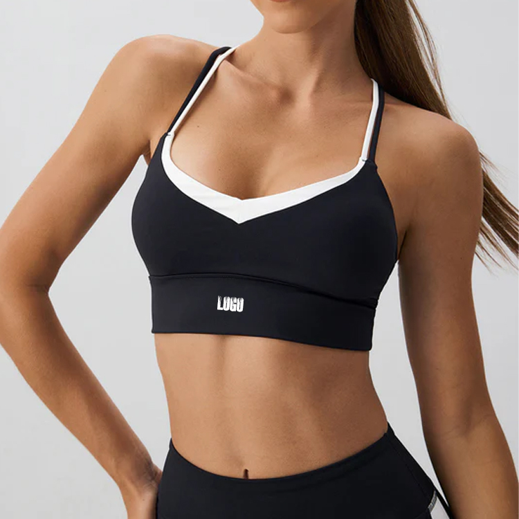 OEM Custom Manufacturers Strap V Neckline Cross Back Contrast Trim Mid-Support Workout Fitness Gym Sports Bra for Women