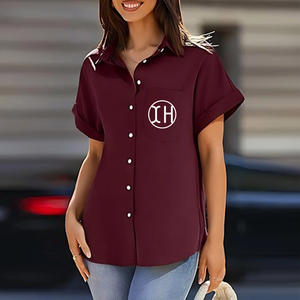 Camicie da <span class=keywords><strong>Donna</strong></span> in Cotone e Lino con Bottoni, Colletto a Risvolto, Top Comodi Tinta Unita, Manica Corta con Tasca, Rosso Blu - Product Image 4