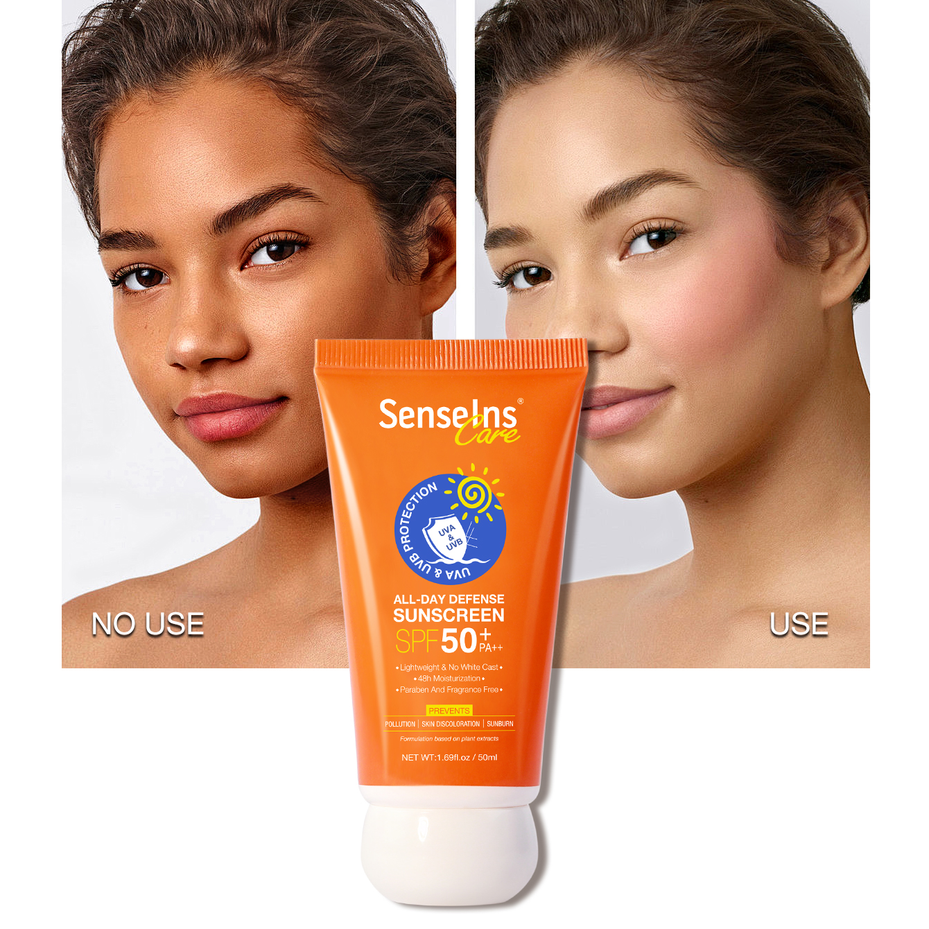 Vente en gros de crème solaire défensive toute la journée crème solaire UV éclaircissante bio crème solaire SPF 50 + PA ++++