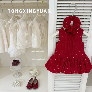 Tongxingyuan Baby Girls Summer Floral Vest Dress Red With Hair Tie A-Line Cotton Dress For Children - Product Image 1