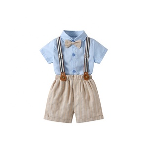 Ensemble formel deux pièces pour garçons, tenue d'été à manches courtes avec bretelles, chemise et short avec nœud papillon - Product Image 5