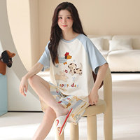 Setelan Piyama Wanita Musim Panas Katun Lengan Pendek Celana Pendek Motif Kartun Lucu Longgar Ukuran Besar Dua Potong Baju Tidur Santai