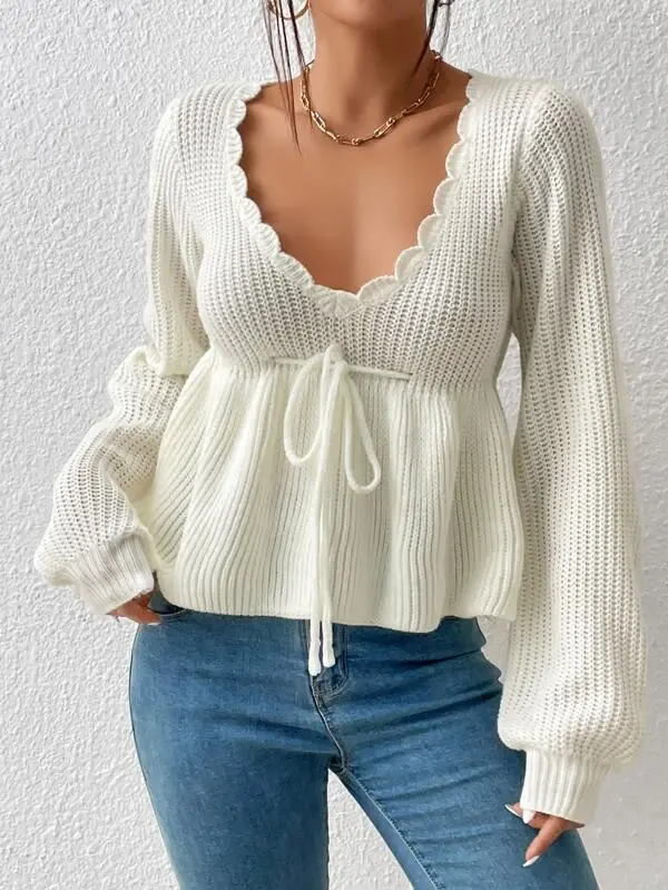 Biểu Tượng Tùy Chỉnh Của Phụ Nữ Đan Áo Len Áo Thun Thời Trang Sò Cắt Tie Phía Trước Peplum Áo Len Dài Tay Áo V Cổ Sexy Phong Cách