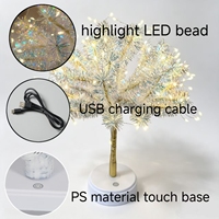 Lumière d'arbre de Noël en pin argenté scintillant avec LED, base à commande tactile PS, alimentation USB, décoration de table intérieure, lampe de nuit