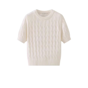 เสื้อสเวตเตอร์แขนสั้นผู้หญิง ผ้าถักลายเคเบิ้ล สีพื้น แขนพอง ผ้าฝ้ายเนื้อหนาปานกลาง - Product Image 1