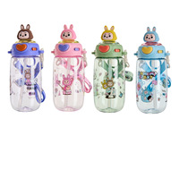 Bouteille d'eau portable d'été 550 ml en PC écologique, motif lapin de dessin animé créatif, avec paille et sangle d'épaule, pour enfants et adultes, idéale pour l'extérieur et comme cadeau