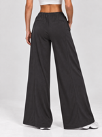 Pantalon large taille haute élastique pour femme avec cordon de serrage, tissu doux et fluide, poches plaquées arrière, coupe droite décontractée pour yoga et fitness