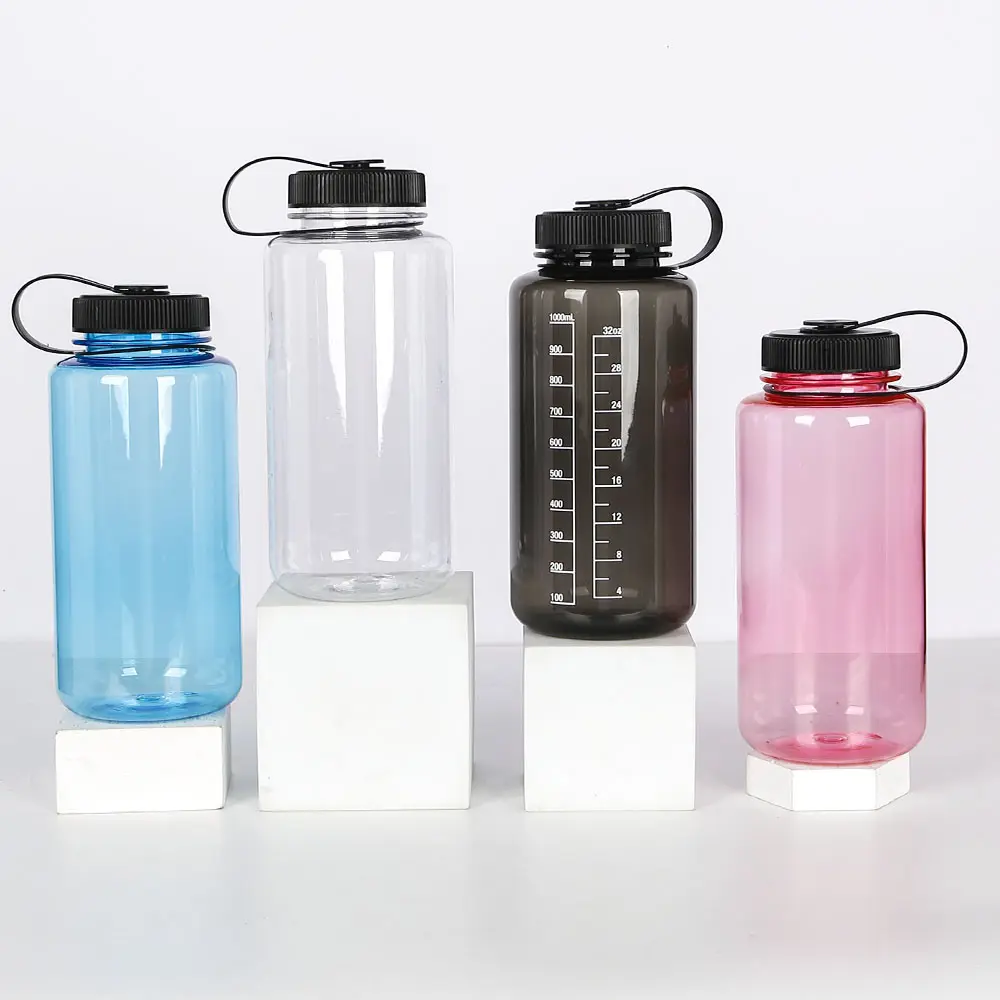 32oz प्लास्टिक जिम और खेल पानी की बोतल चौड़े मुंह के साथ ढक्कन 1L संभाल के साथ BPA मुक्त पानी की बोतल