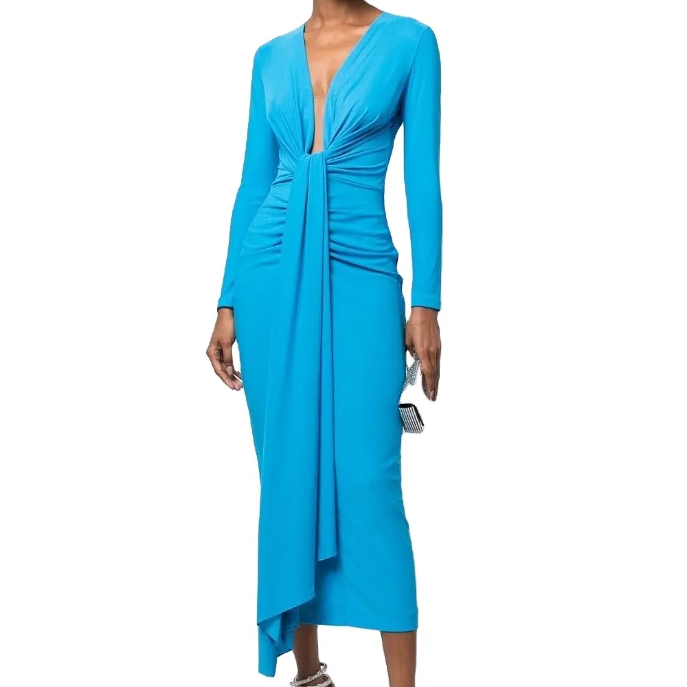 Fashion Blue Sexy Spring Deep V-Neck Pleated Knitted Long Sleeve Skinny Women's Casual Dress