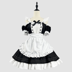 Cute Anime Lolita Maid Dress Black Polyester Off Shoulder With Apron For Cosplay Role Play Game Costume - Product Image 2