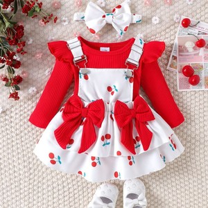 Conjunto de 3 piezas rojo de mono y falda de algodón transpirable de manga larga a la <span class=keywords><strong>moda</strong></span> para bebés niñas, novedad 2025, para primavera, transfronterizo - Product Image 1