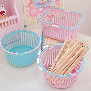 Macaron Color Blocked Desktop Storage Basket With Handles Plastic Round For Stationery Organizing Student Dormitory Use - Product Image 1