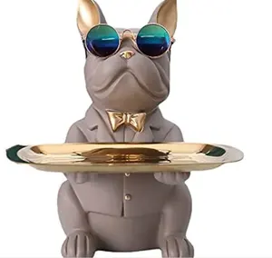 クールな犬の動物の樹脂北欧のホームテーブルの装飾ホーム犬のためのテーブルトレイ付きフレンチブルドッグの像