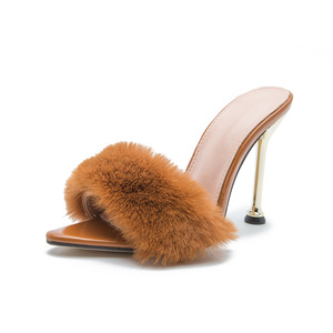 Tendenza moda nuovo vero coniglio capelli ferro tacco a punta Super tacco alto scarpe sandali da donna per le signore - Product Image 3