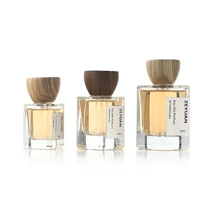 Frasco de perfume luxuoso de vidro transparente, 30ml, 50ml, 100ml, tampa redonda de madeira pesada, com tampa redonda, vazio e transparente