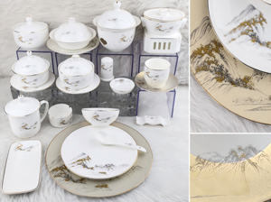 Service de vaisselle en porcelaine fine avec décor paysage montagne zen et bordure dorée à la main, vaisselle de luxe pour hôtel, mariage, banquet, restaurant - Product Image 2