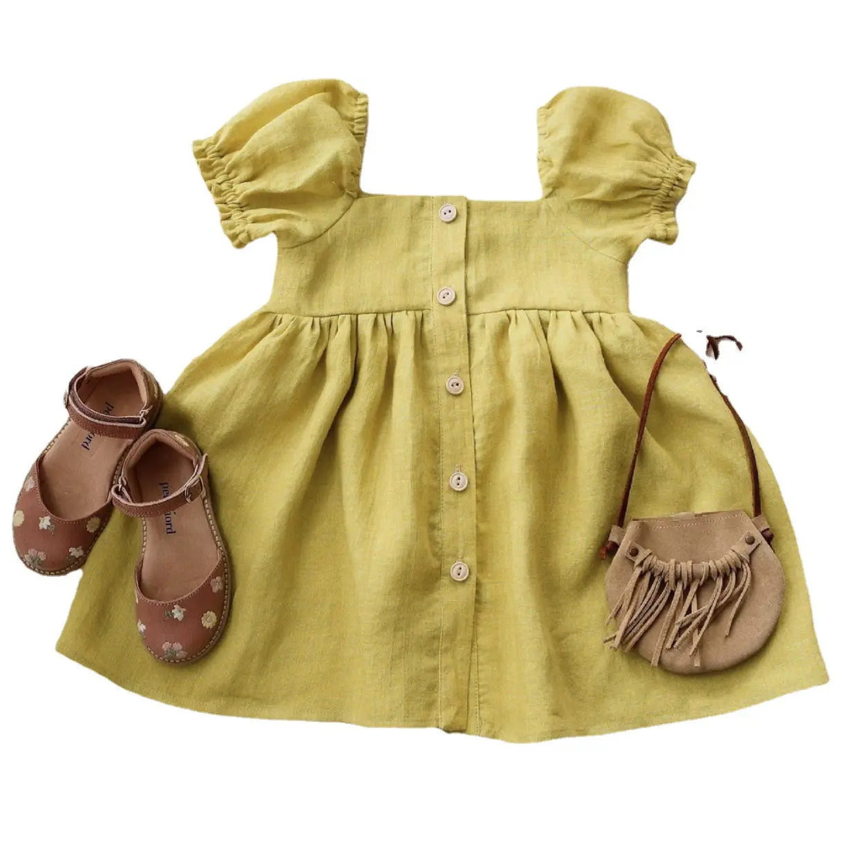 Новый дизайн, детское обручальное платье из хлопка и льна с коротким рукавом для девочек