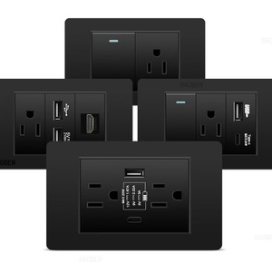 Prise murale américaine standard Type-C 20W à 3 <span class=keywords><strong>prises</strong></span> avec 1 port USB et 1 port USB-C, noire, style américain, ignifuge et sécurisée pour la maison - Product Image 1