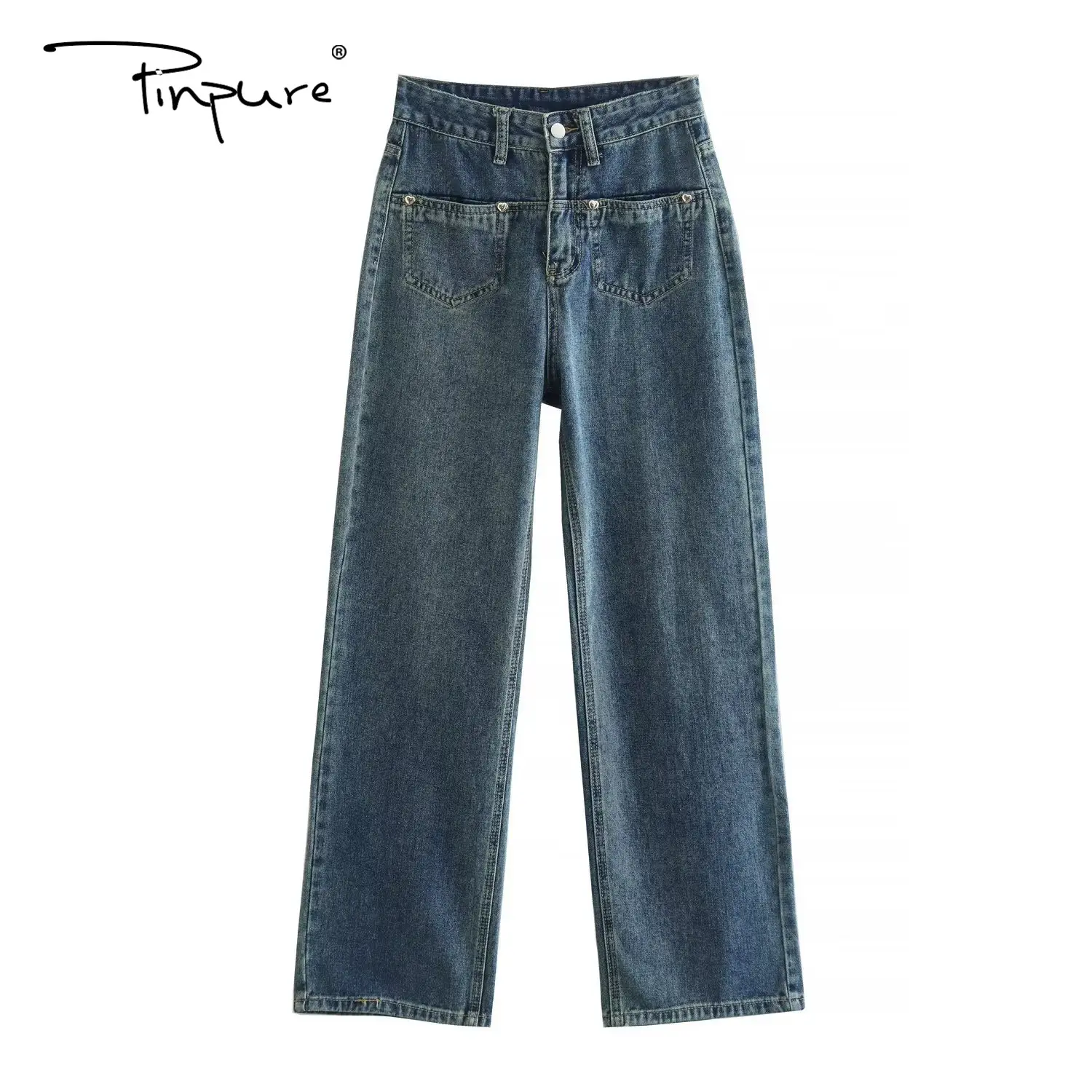 Calça jeans feminina cintura alta, r41830s nova chegada bolsos laterais lisos solto design feminino