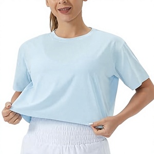 Sexy Women's Light <b>Blue</b> O-Neck Custom Logo Short Sleeve <b>Crop</b> <b>Top</b> Solid Color Gymwear Breathable Knitted Tank <b>Top</b> - Product Image 1
