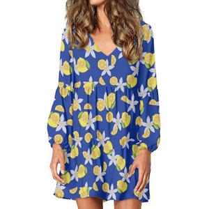 Full <strong>Printed</strong> <strong>Lemon</strong> Design Customized Long Sleeve Pleated Skirt <strong>Dress</strong> Vintage V-neck Casual <strong>Dresses</strong> for Women Beach Clothing - Product Image 3